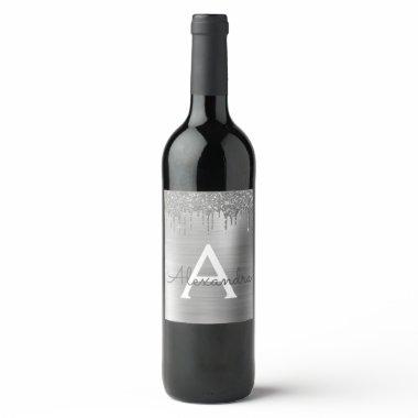 Silver Glitter Brushed Metal Monogram Name Wine Label