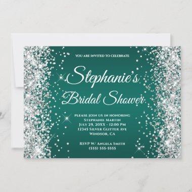 Silver Glitter Dark Turquoise Ombre Fancy Monogram Invitations