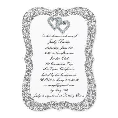 Silver Glitter Diamond Hearts  Invite