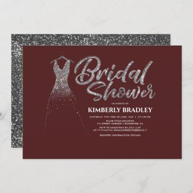 Silver Glitter Dress Burgundy Red Bridal Shower Invitations