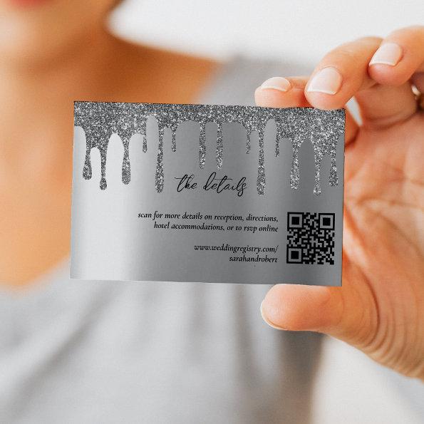 Silver Glitter Drip QR Code Wedding Details Enclosure