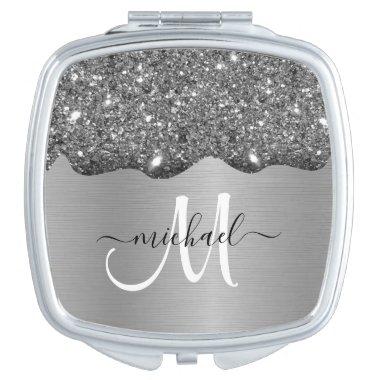 Silver Glitter Drip sparkle Metal Monogram Name Compact Mirror