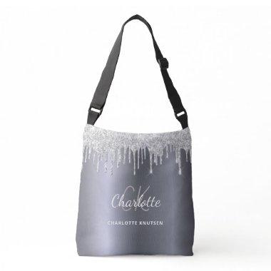 Silver glitter drips monogram initials crossbody bag