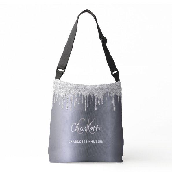 Silver glitter drips monogram initials crossbody bag