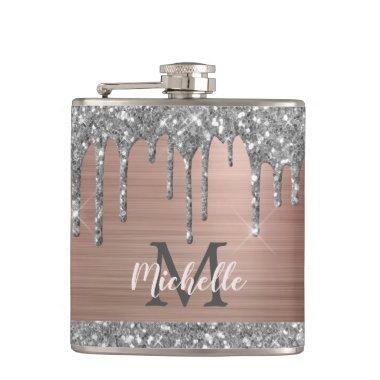 Silver Glitter Drips on Pink Metal Monogrammed Flask