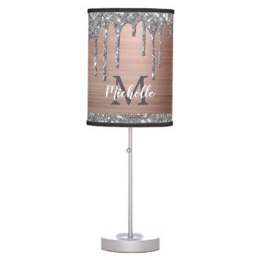 Silver Glitter Drips on Pink Metal Monogrammed Table Lamp