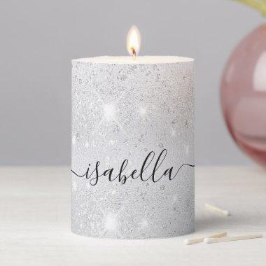 Silver glitter dust metal name script pillar candle