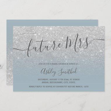 Silver glitter dusty blue Mrs bridal shower Invitations
