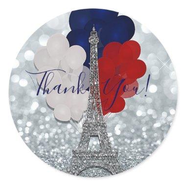 Silver Glitter Eiffel Tower Red White Blue Party Classic Round Sticker