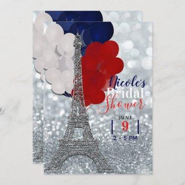Silver Glitter Eiffel Tower Red White Blue Party Invitations