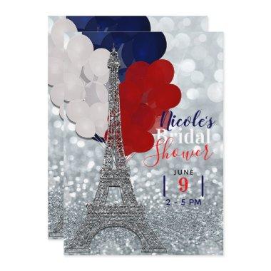 Silver Glitter Eiffel Tower Red White Blue Party Invitations