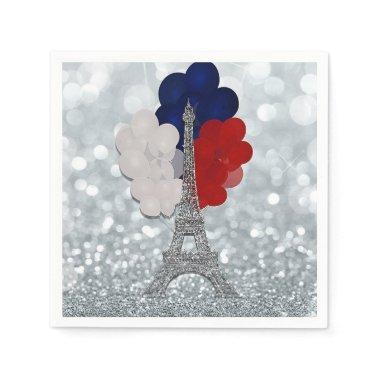 Silver Glitter Eiffel Tower Red White Blue Party Napkins