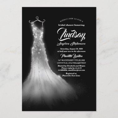 Silver Glitter Elegant Dress Black Bridal shower Invitations
