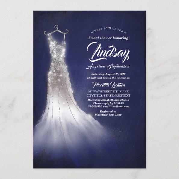 Silver Glitter Elegant Dress Blue Bridal shower Invitations