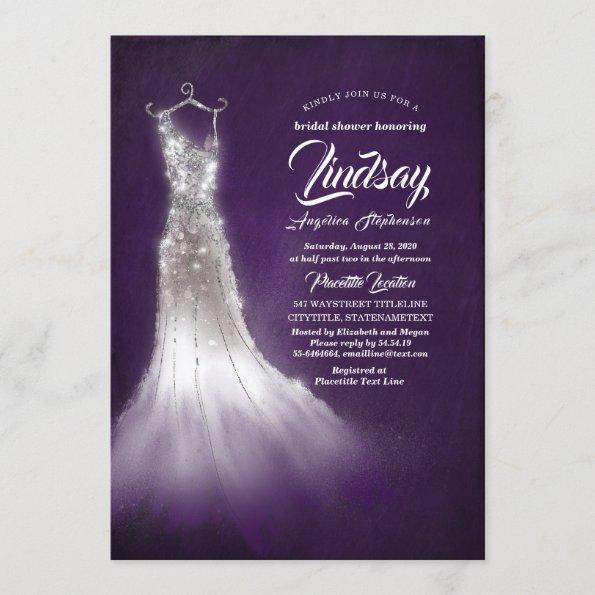 Silver Glitter Elegant Dress Purple Bridal shower Invitations
