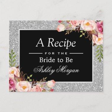 Silver Glitter Floral Bridal Shower Recipe Invitations