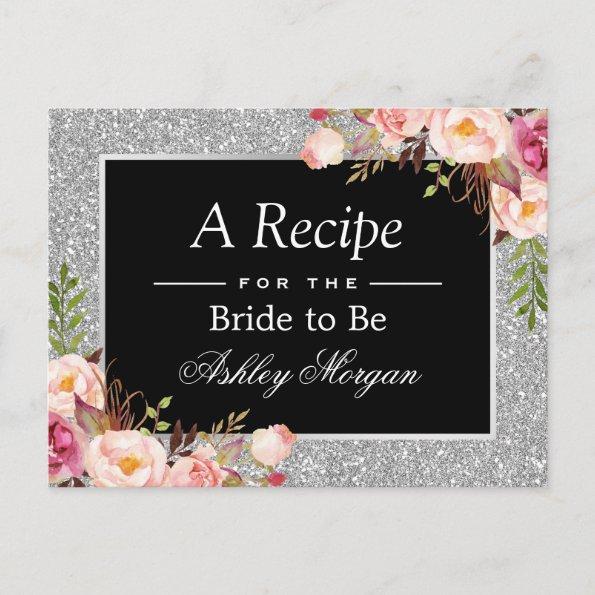Silver Glitter Floral Bridal Shower Recipe Invitations