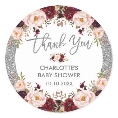 Silver Glitter Glam Burgundy Blush Floral Shower Classic Round Sticker