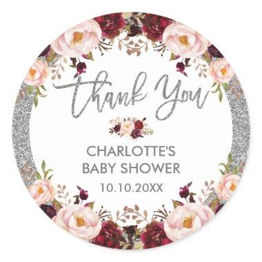 Silver Glitter Glam Burgundy Blush Floral Shower Classic Round Sticker