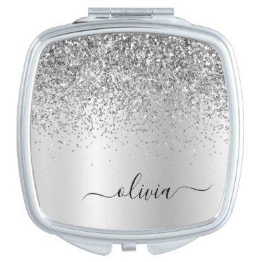 Silver Glitter Glam Metal Monogram Name Compact Mirror