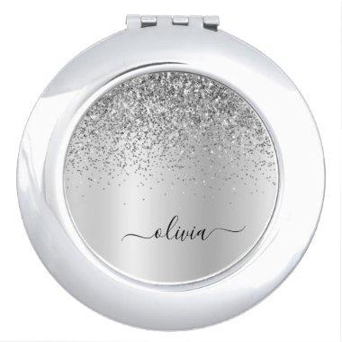 Silver Glitter Glam Metal Monogram Name Compact Mirror