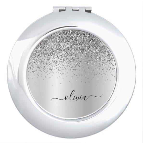 Silver Glitter Glam Metal Monogram Name Compact Mirror
