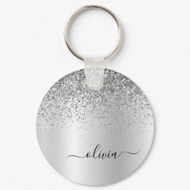 Silver Glitter Glam Metal Monogram Name Keychain