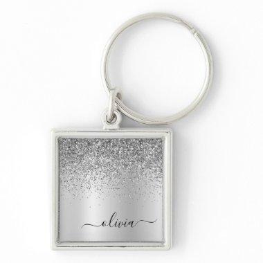Silver Glitter Glam Metal Monogram Name Keychain