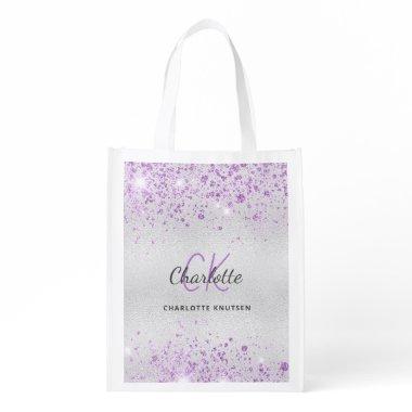 Silver glitter lavender monogram initials grocery bag