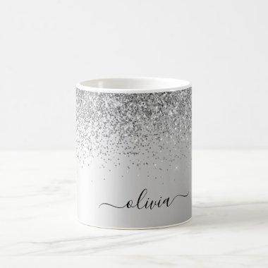 Silver Glitter Metal Monogram Glam Name Coffee Mug
