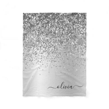 Silver Glitter Metal Monogram Glam Name Fleece Blanket