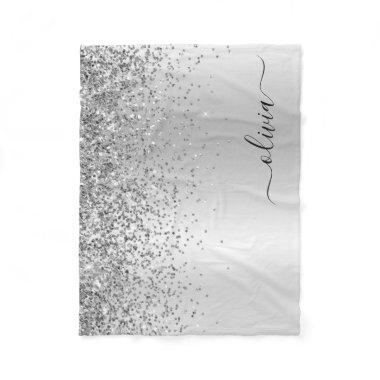 Silver Glitter Metal Monogram Glam Name Fleece Blanket