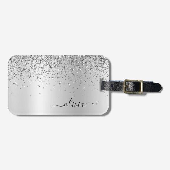 Silver Glitter Metal Monogram Glam Name Luggage Tag