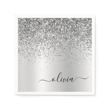 Silver Glitter Metal Monogram Glam Name Napkins
