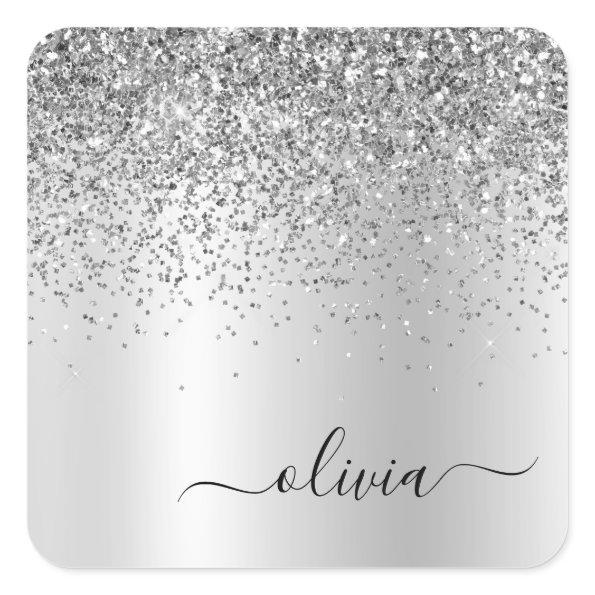 Silver Glitter Metal Monogram Glam Name Square Sticker
