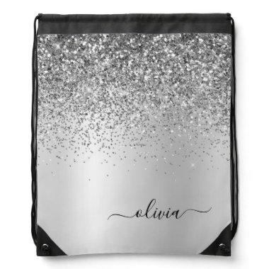 Silver Glitter Metal Monogram Name Girly Drawstring Bag