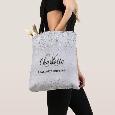 Silver glitter monogram initials name tote bag