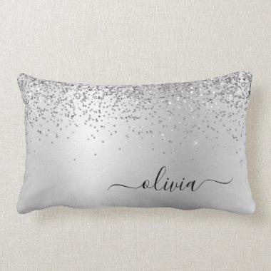 Silver Glitter Monogram Name Luxury Girly Lumbar Pillow