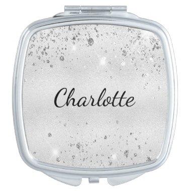 Silver glitter name compact mirror