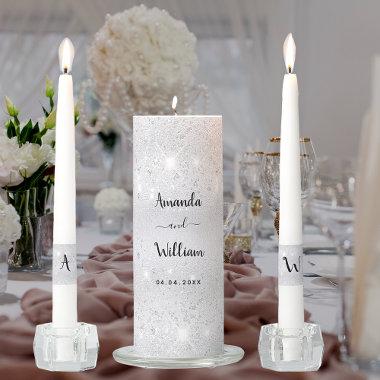 Silver glitter names elegant wedding unity candle set