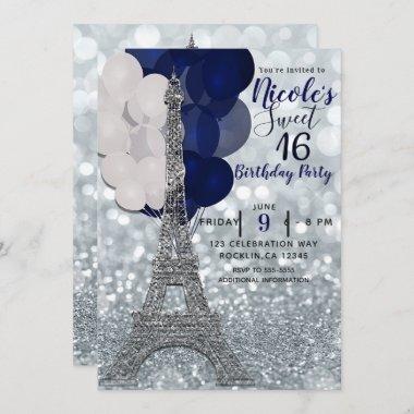 Silver Glitter Navy Balloons Paris Eiffel Tower Invitations