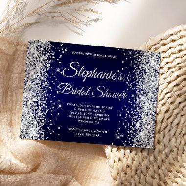 Silver Glitter Navy Gradient Fancy Monogram Invitations