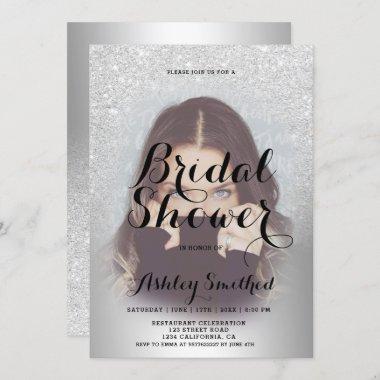 Silver glitter ombre foil photo bridal shower Invitations