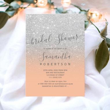 Silver glitter peach script bridal shower Invitations