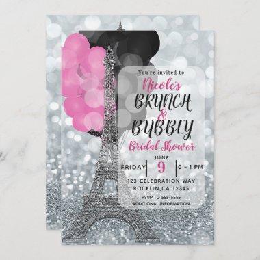 Silver Glitter Pink Black Balloons Eiffel Tower Invitations
