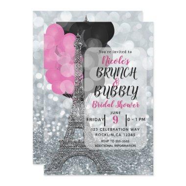 Silver Glitter Pink Black Balloons Eiffel Tower Invitations