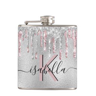 Silver glitter pink monogram sparkle script flask