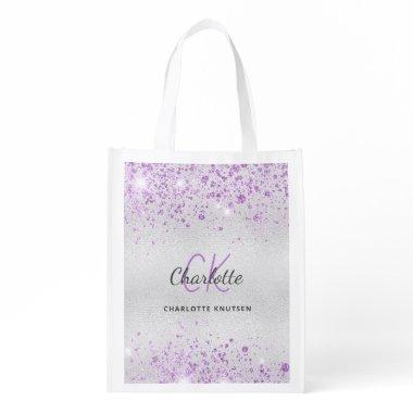 Silver glitter purple dust monogram initials grocery bag