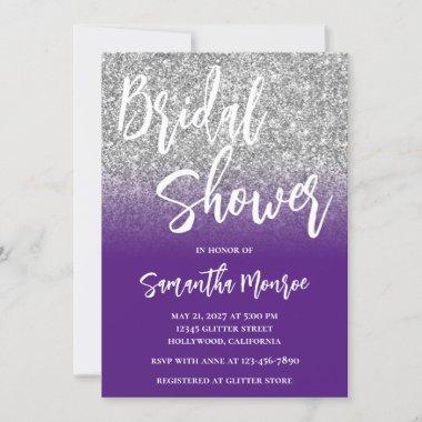 Silver Glitter Purple Ombre QR Code Bridal Shower Invitations