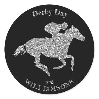 Silver Glitter Race Horse on Black Derby Classic Round Sticker
